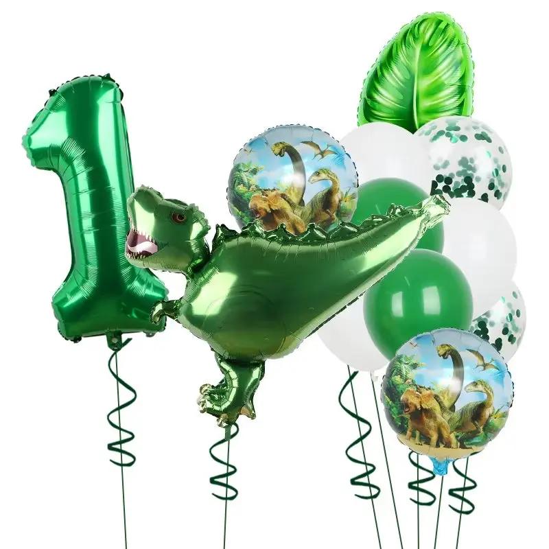 1Set Dinosaur 32Inch Number Leaf Aluminum Film Balloon Set Jurassic Dinosaur Theme Green Balloon Kids Birthday Party Supplies