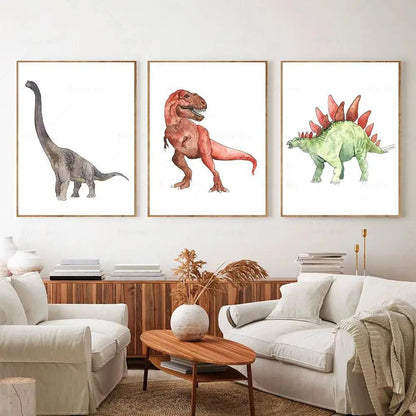 Watercolor Dinosaur Poster Dinosaur Footprints Skeleton Wall Art Canvas Painting T-Rex Print Nursery Baby Kids Boys Room Decor