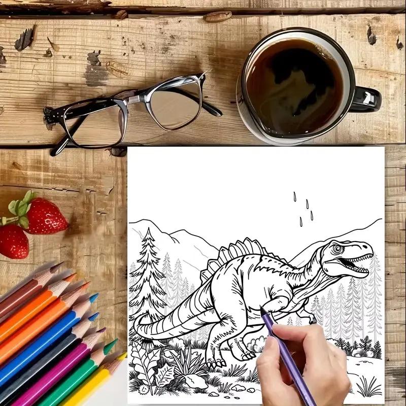 28 Pages Original Dinosaurs in Action Coloring Book for Adult | Colouring Book, Drawing Supplies for Christmas, Thanksgiving