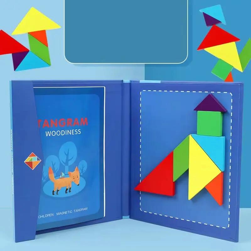 Wooden Jigsaw Magnetic Tangram Puzzle Book Educational Toys for Children Baby Kid Portable Montessori Learning Intelligence