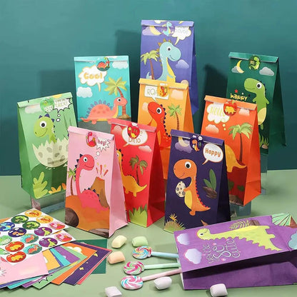 12Pcs Cartoon Dinosaur Birthday Party Paper Bags with Stickers for Kids Dino Jungle Safari Party Gift Goodies Candy Bag Supplies