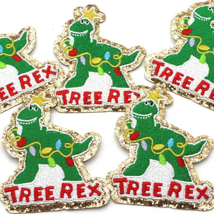 1PC Dinosaur Golden Edges Embroidery Patches Iron on Patch Christmas Paste for Bags Hat DIY Clothing Decor Repair Badeges