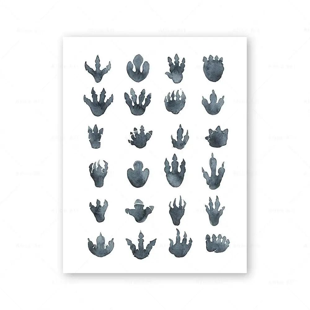 Watercolor Dinosaur Poster Dinosaur Footprints Skeleton Wall Art Canvas Painting T-Rex Print Nursery Baby Kids Boys Room Decor