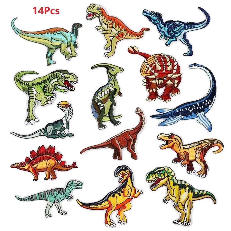 14 Pcs Anime Dinosaur Iron on Patches Backpack Embroidered Patch for Sew Child Clothing Applique Decor Coat Stickers
