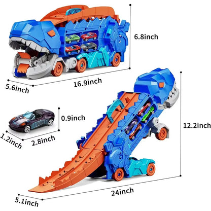 City Dinosaur Devouring Car Ultimate Hauler Track Toy Ultimate Transporter Hauler with 4 Alloy Car Toddler Truck Toys Boy Gifts