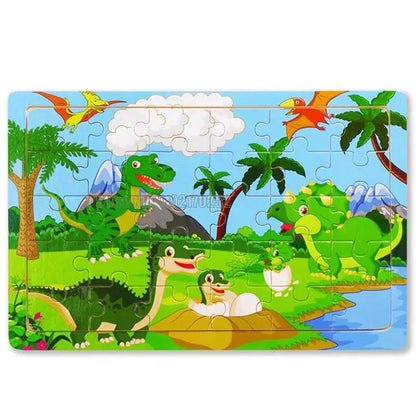 30Pcs Animals Dinosaur Puzzle Wooden Preschool Kids Cartoon Learning Educational Christmas Toys