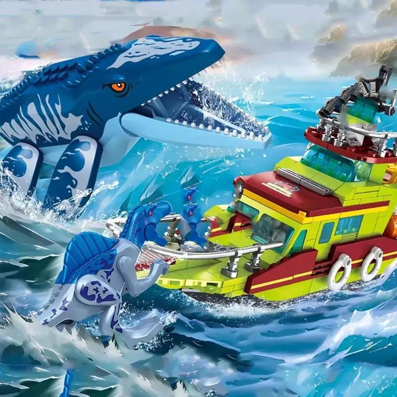 327Pcs Escape Canglong Mouth Building Blocks Jurassic World Canglong Attack Ship Bricks Toys Dinosaur Theme Gift