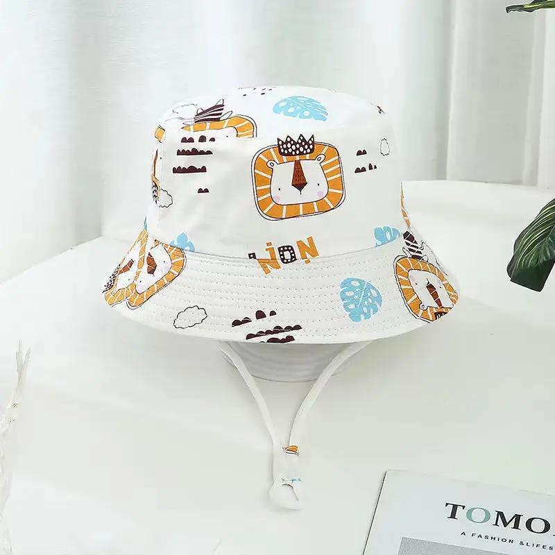 Cartoon Printing Baby Bucket Hat Cotton Breathable Kids Fisherman Hat Infant Toddle Sun Hat with Drawstring