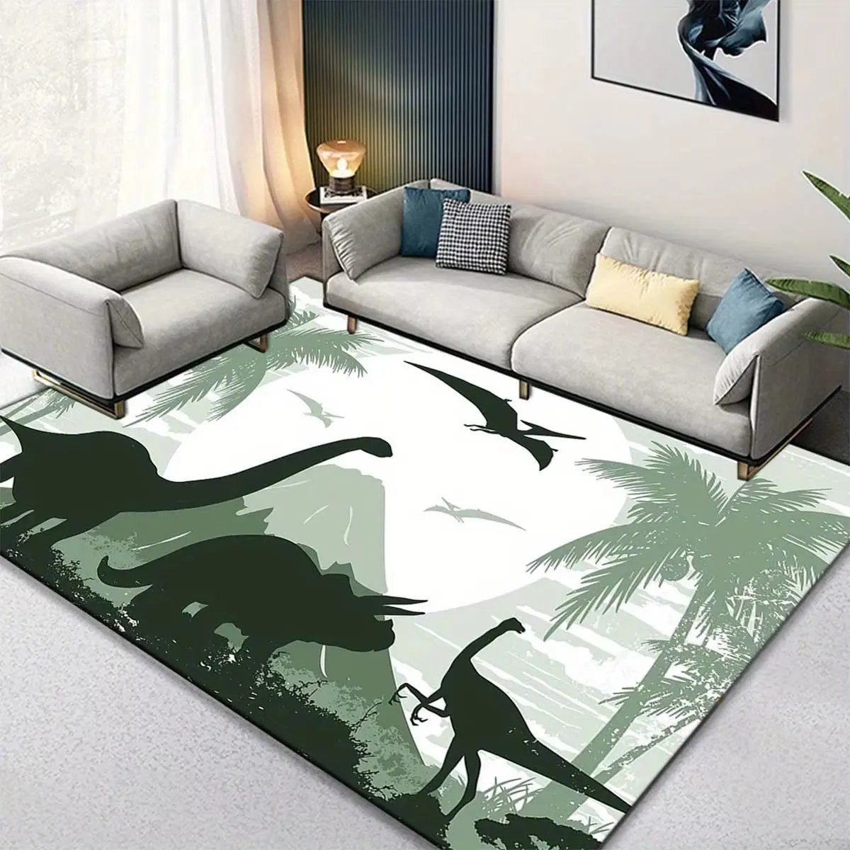1Pc Dinosaur Pattern Soft Floor Mat - Floor Mat Crystal Velvet, Tropical Palm Tree & Mountain Design, Non-Slip & Durable Rug For