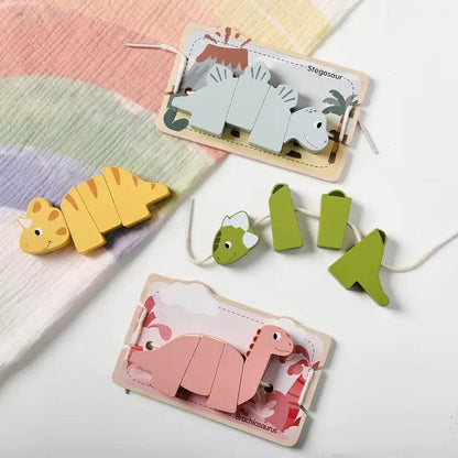 Wooden Animal Threading Toy Cartoon Dinosaur Puzzle Kid Montessori Educational Toy Baby Finger Fine Sports Toy Gift for Children