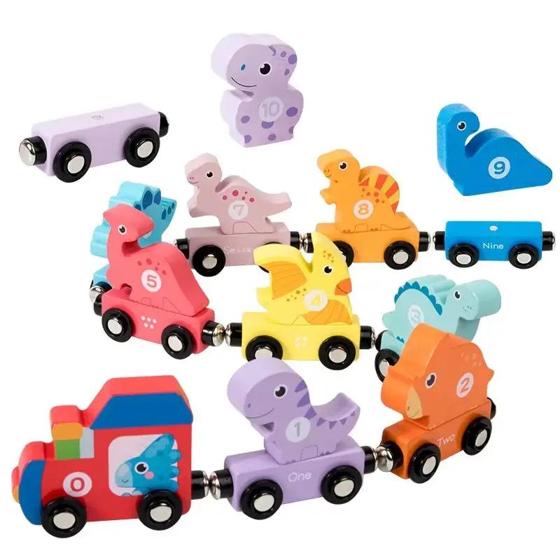 Educational Wooden Magnetic Toy Dinosaurs Train Early Learning Number Matching Desktop Puzzle Toys for Children Montessori Conce