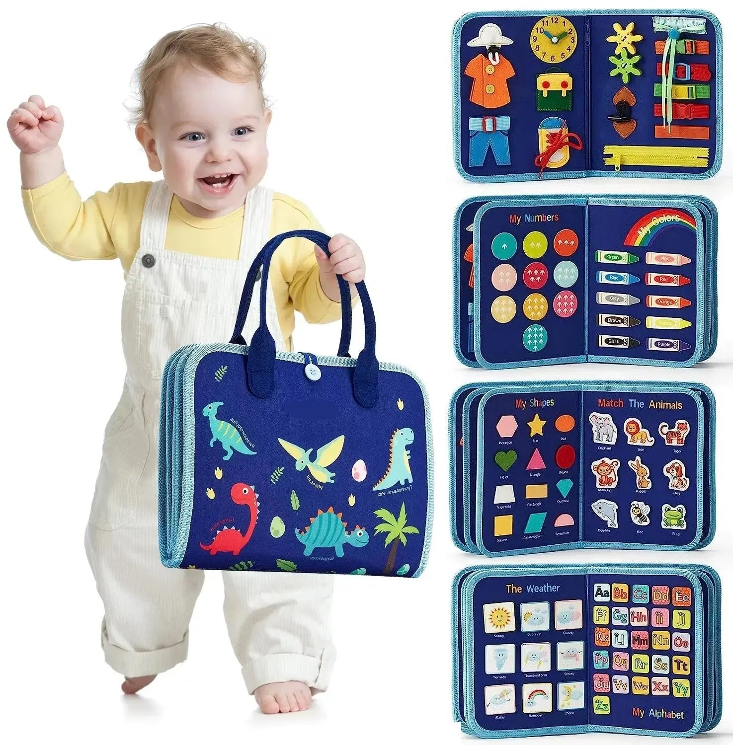 Toddlers Travel Busy Board for Boys Girls Montessori Toys for 2+ Year Old Preschool Learning Life Skill, Alphabet, Number, Shape