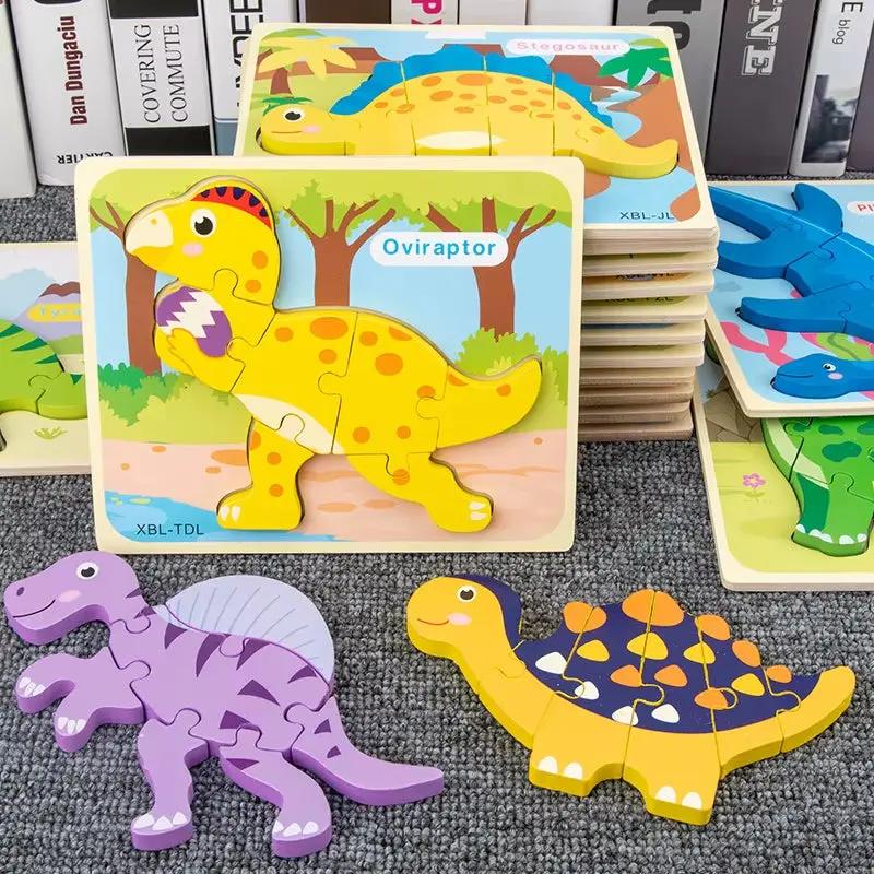Baby Wooden Cartoon Dinosaur 3D Puzzle Jigsaw for Kids Boy Girl Montessori Early Learning Educatioanl Puzzle Toys