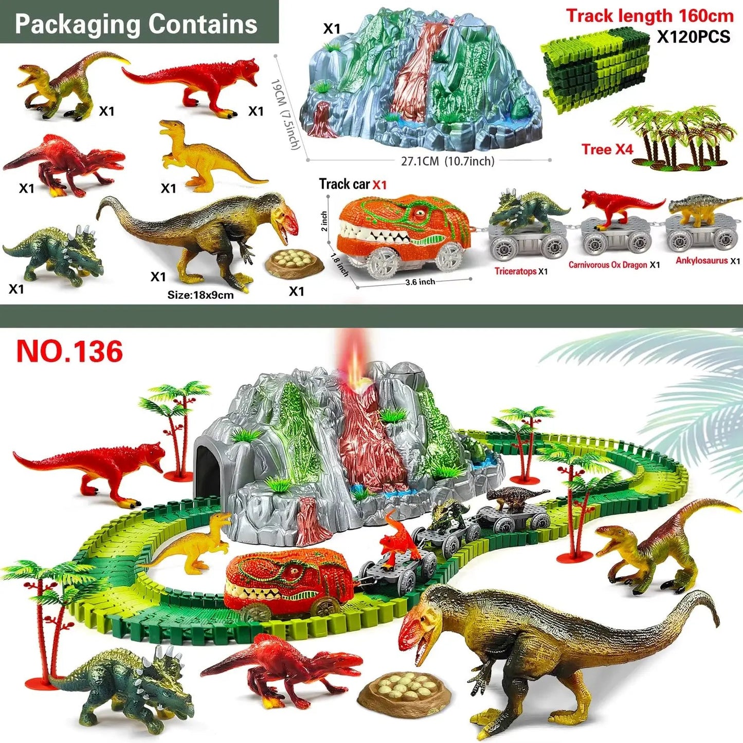 Dinosaur Toys for Kids Mist-Spouting Volcano and Climbing Track Train Kit Toys for Boys/Girls Home Schoolers Gift for Party Deco