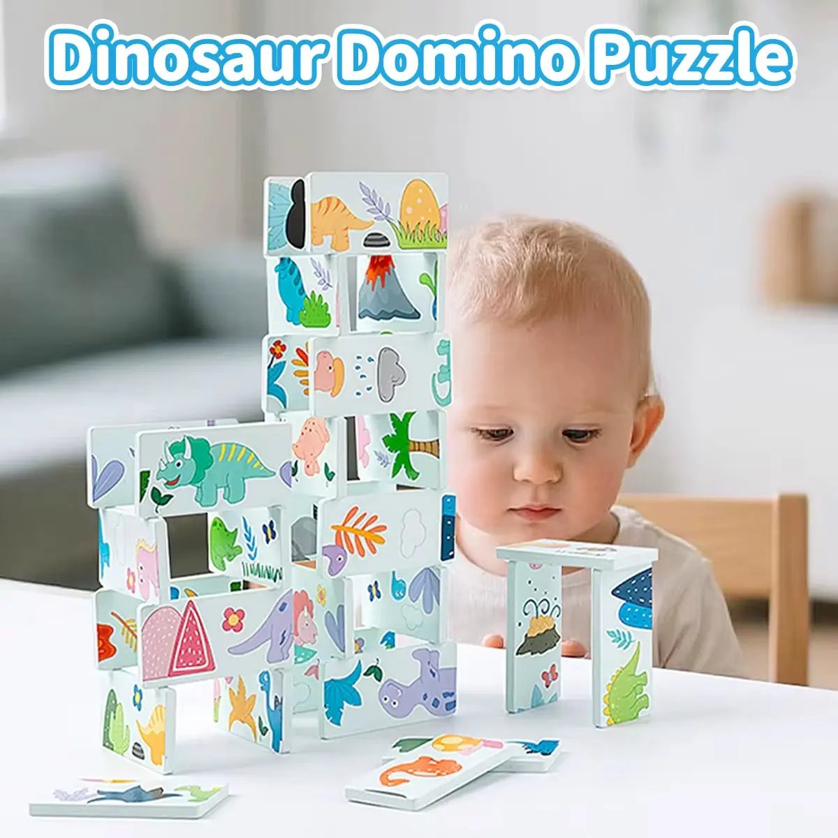 Kids Educational Dinosaur Domino Matching Exercise Fine Motor Hand-Eye Coordination Stacking Building Blocks Montessori Toys