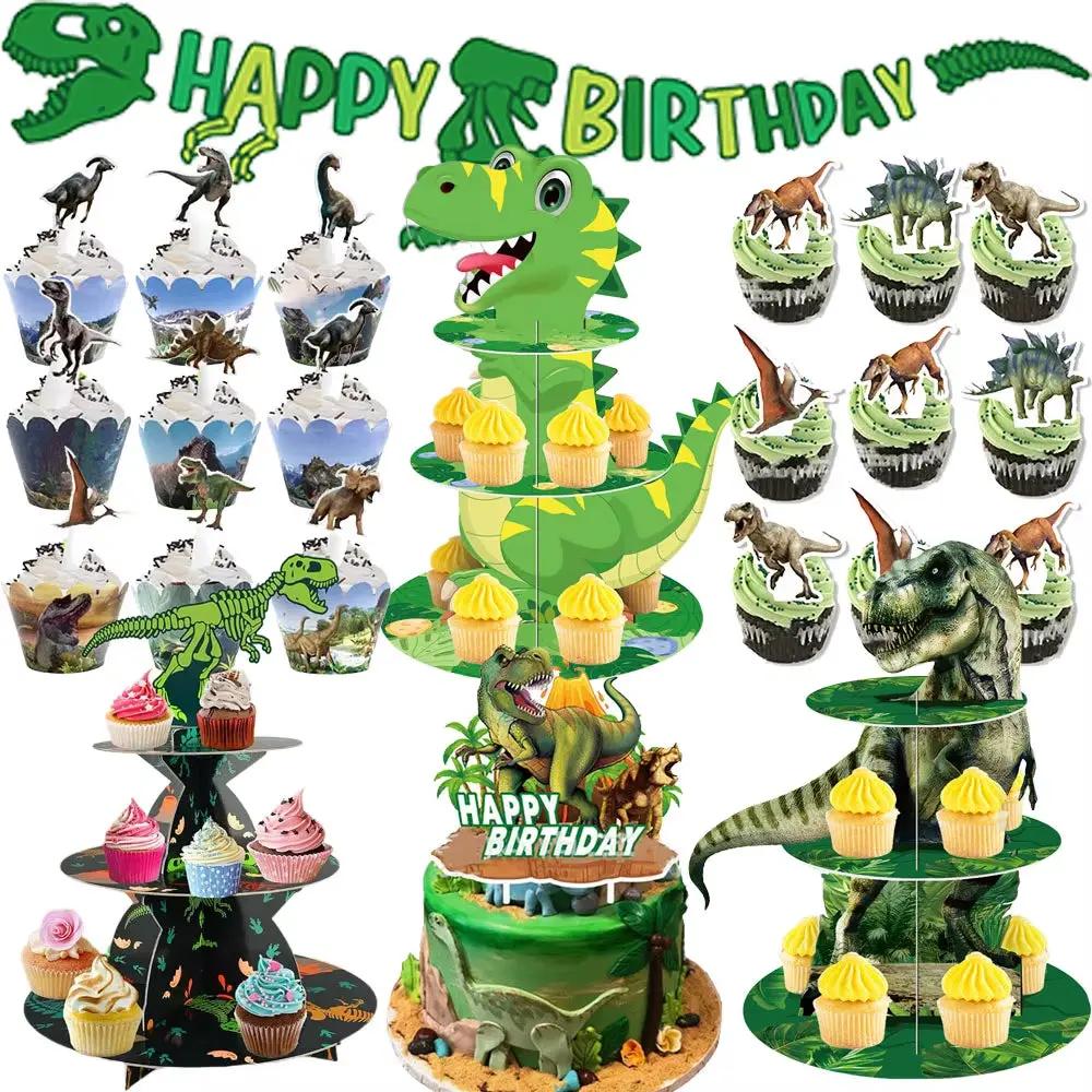 3 Tier Dinosaur Cupcake Stand Party Decor Cupcake Toppers Dino Dessert Tower Jungle Dino Theme Kid Boy Birthday Party Supplies