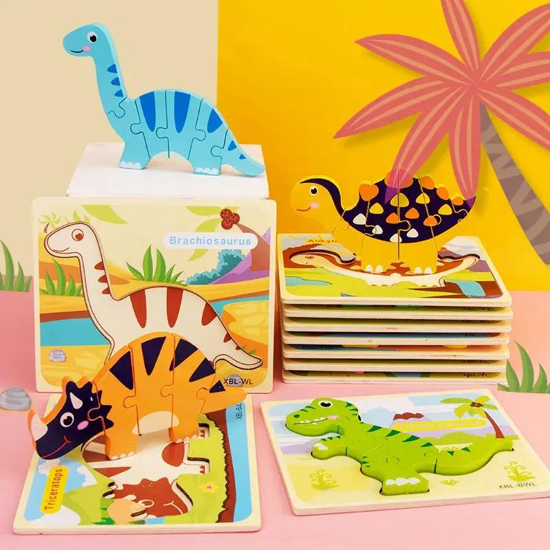 Baby Wooden Cartoon Dinosaur 3D Puzzle Jigsaw for Kids Boy Girl Montessori Early Learning Educatioanl Puzzle Toys