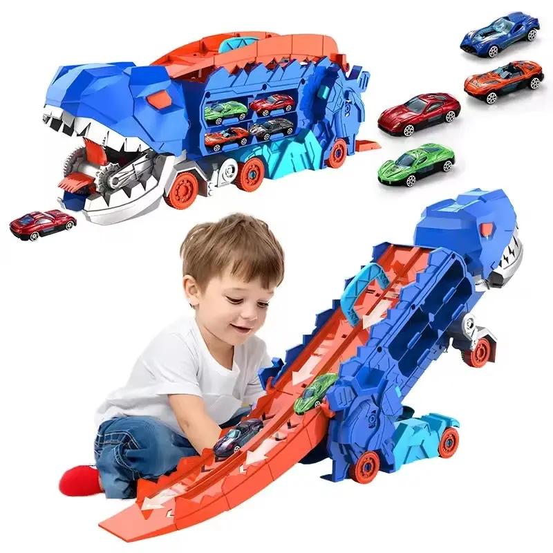 City Dinosaur Devouring Car Ultimate Hauler Track Toy Ultimate Transporter Hauler with 4 Alloy Car Toddler Truck Toys Boy Gifts