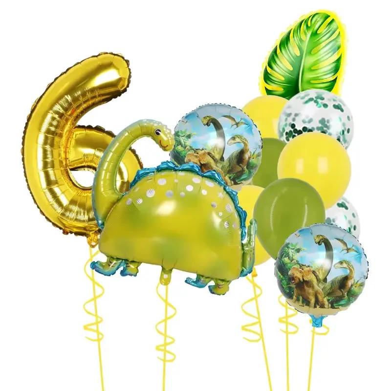 1Set Dinosaur 32Inch Number Leaf Aluminum Film Balloon Set Jurassic Dinosaur Theme Green Balloon Kids Birthday Party Supplies