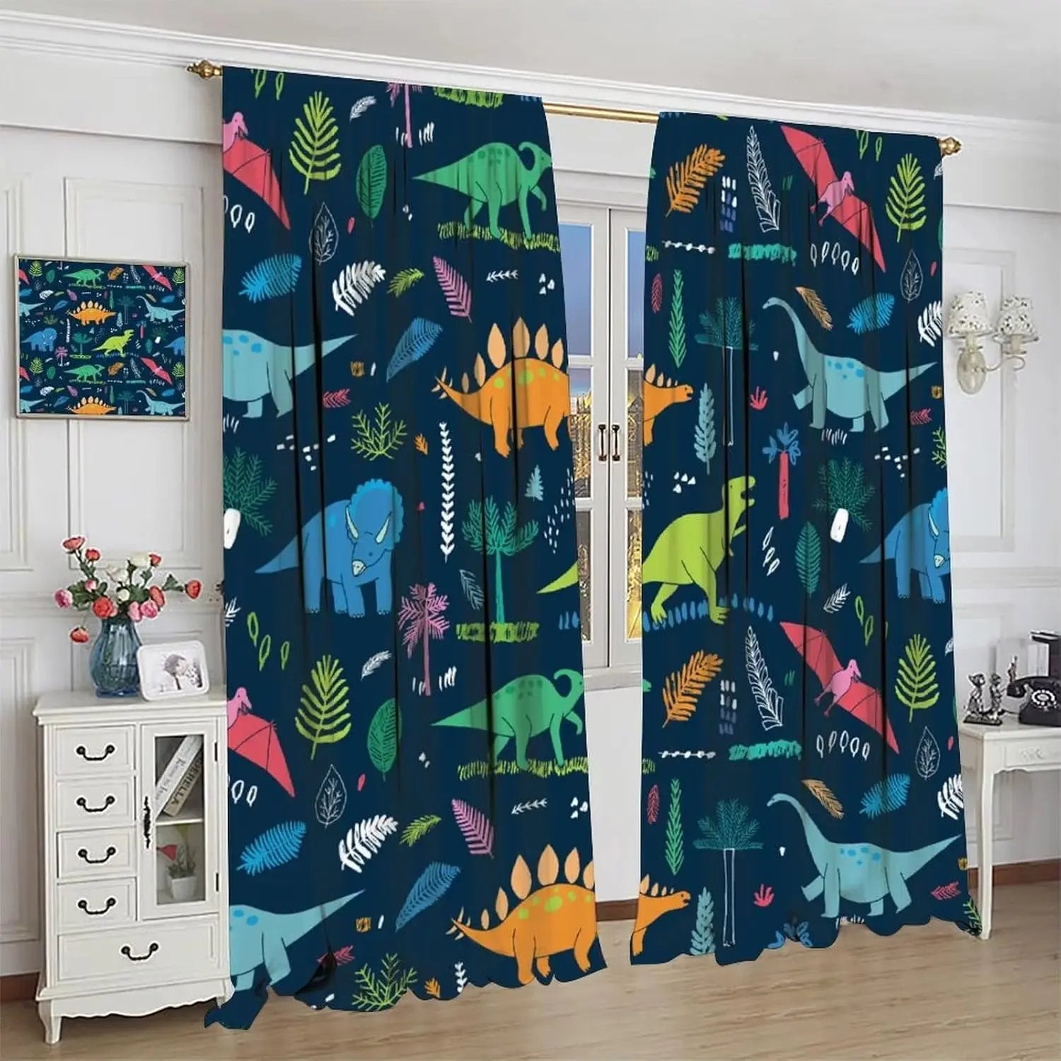 Toddler Dinosaur Curtains, Blue Cartoon Forest Plant Jurassic Cute Dinosaur Animal Windows Treatments Drapes for Boys Kids