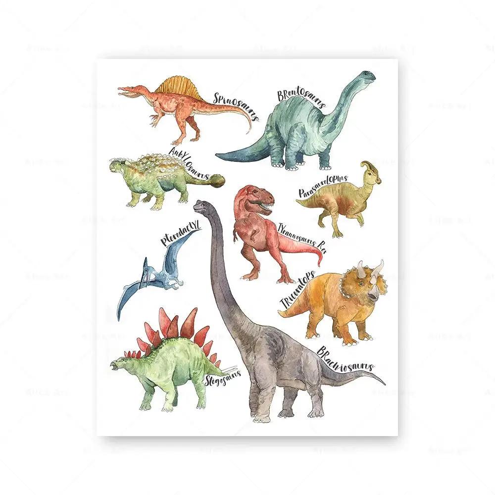 Watercolor Dinosaur Poster Dinosaur Footprints Skeleton Wall Art Canvas Painting T-Rex Print Nursery Baby Kids Boys Room Decor