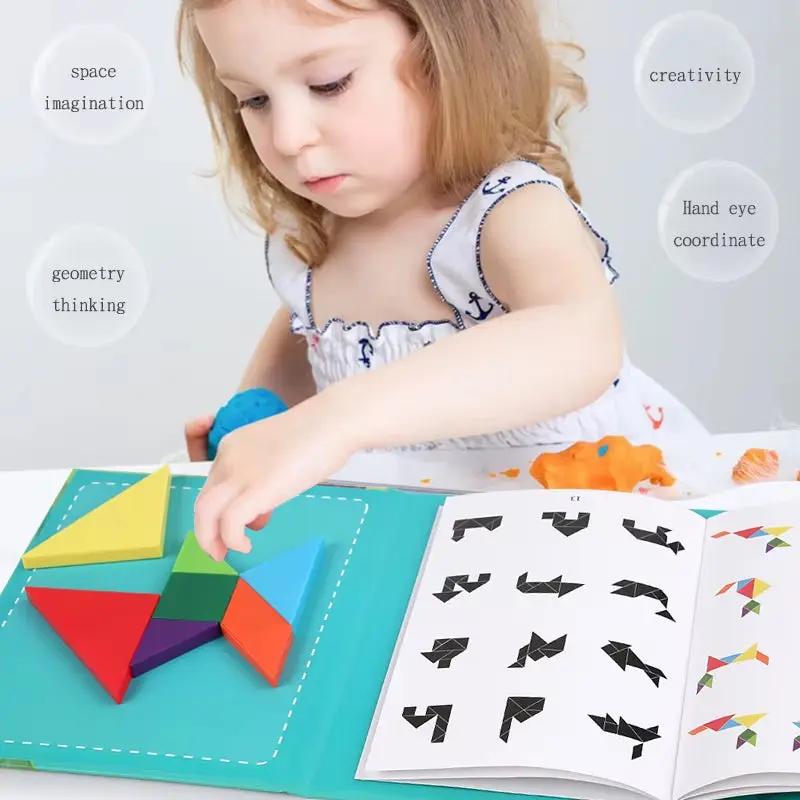 Wooden Jigsaw Magnetic Tangram Puzzle Book Educational Toys for Children Baby Kid Portable Montessori Learning Intelligence