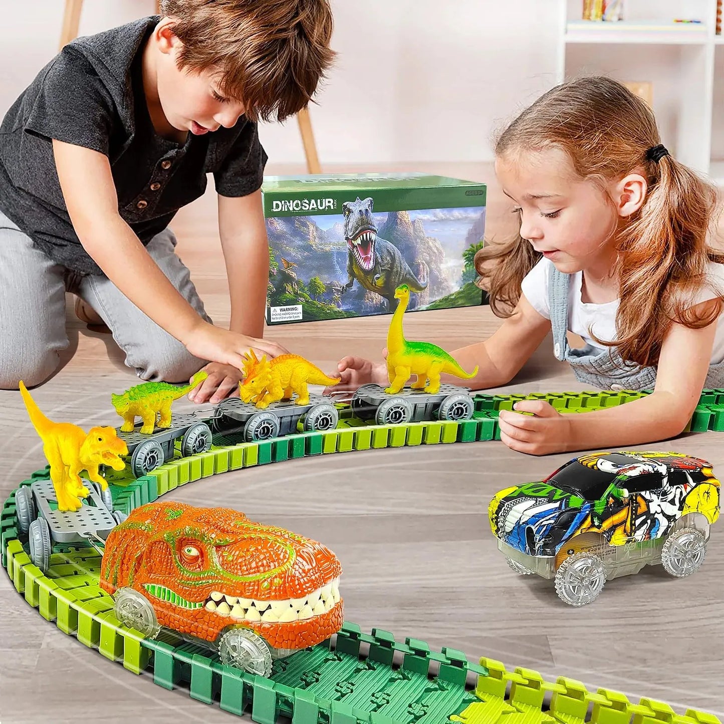 Dinosaur Toys-Magical Train Track Racing Toy Bend Flexible Race Track Flash Light Car Educational Toys for Kids Gift