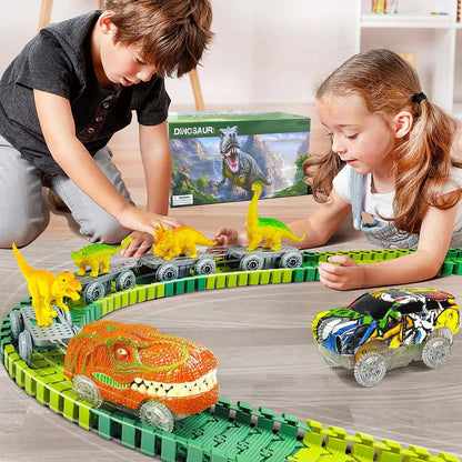 Dinosaur Toys-Magical Train Track Racing Toy Bend Flexible Race Track Flash Light Car Educational Toys for Kids Gift