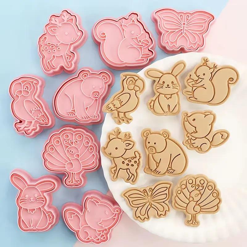 8 Pcs/Set Cookie Cutters Plastic 3D Dinosaur Shape Cartoon Pressable Biscuit Mold Cookie Stamp Kitchen Baking Pastry Bakeware