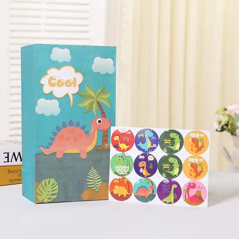 12Pcs Cartoon Dinosaur Birthday Party Paper Bags with Stickers for Kids Dino Jungle Safari Party Gift Goodies Candy Bag Supplies