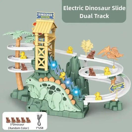 Electric Double Track Dinosaur Slide Dynamic Climbing Stairs Adventure Children Acousto Optic Educational Toy Kids Birthday Gift