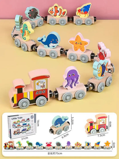 Montessori Magnetic Wooden Train Toys Early Educational Cognition Color Toy Learning Cars Animal Fruits Puzzle Train Set for Kid