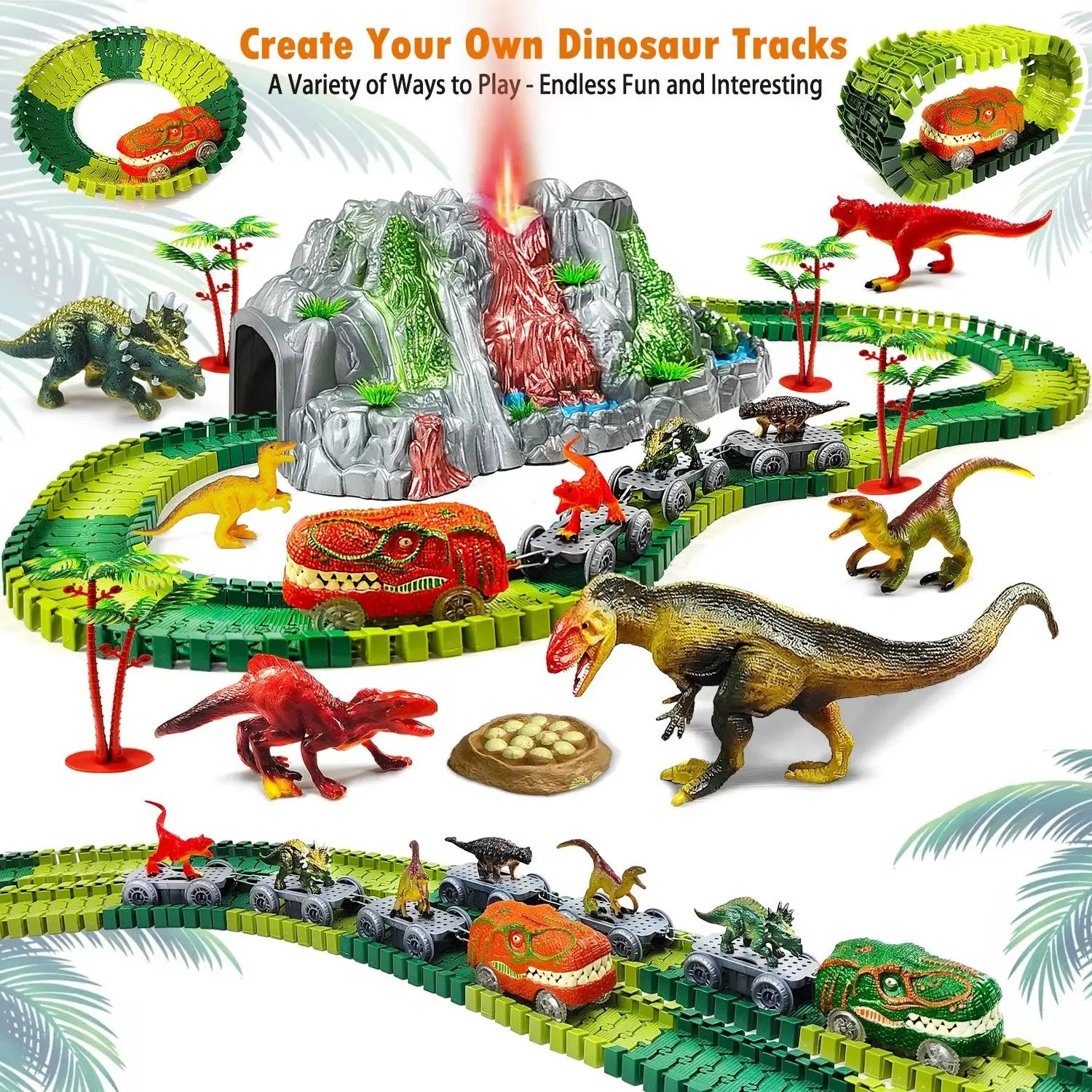 Dinosaur Toys for Kids Mist-Spouting Volcano and Climbing Track Train Kit Toys for Boys/Girls Home Schoolers Gift for Party Deco