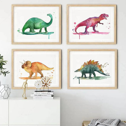 Watercolor Dinosaur Poster Dinosaur Footprints Skeleton Wall Art Canvas Painting T-Rex Print Nursery Baby Kids Boys Room Decor