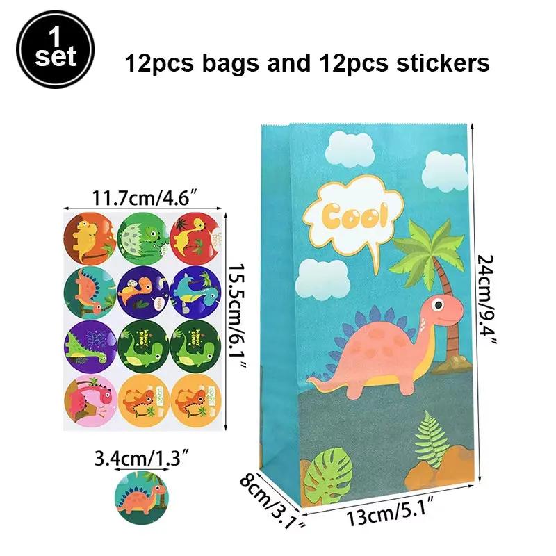 12Pcs Cartoon Dinosaur Birthday Party Paper Bags with Stickers for Kids Dino Jungle Safari Party Gift Goodies Candy Bag Supplies