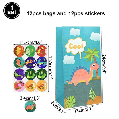 12Pcs Cartoon Dinosaur Birthday Party Paper Bags with Stickers for Kids Dino Jungle Safari Party Gift Goodies Candy Bag Supplies