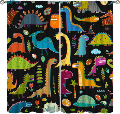Toddler Dinosaur Curtains, Blue Cartoon Forest Plant Jurassic Cute Dinosaur Animal Windows Treatments Drapes for Boys Kids
