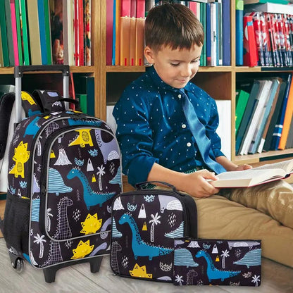 3PCS Rolling Backpack for Girls Boys, Kids Roller Wheels Bookbag, Wheeled School Bag with Lunch Bag