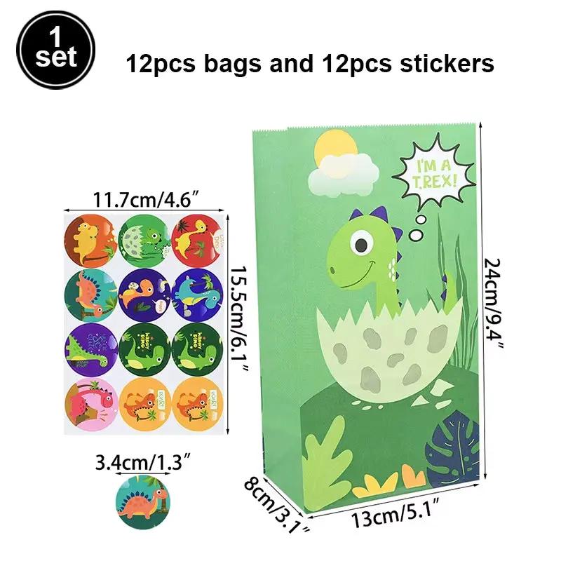 12Pcs Cartoon Dinosaur Birthday Party Paper Bags with Stickers for Kids Dino Jungle Safari Party Gift Goodies Candy Bag Supplies