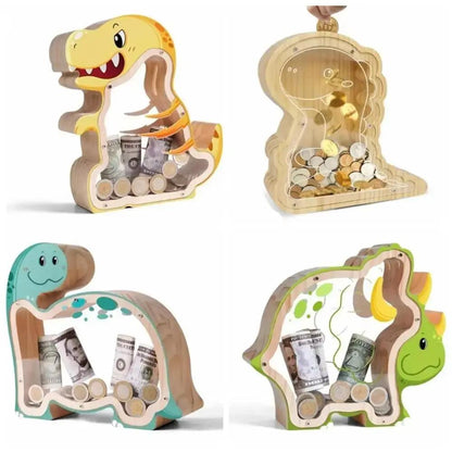 Wood Dinosaur Shape Money Box Piggy Banks Kids Coin Storage Case Children Cash Saving Transparent Home Decor