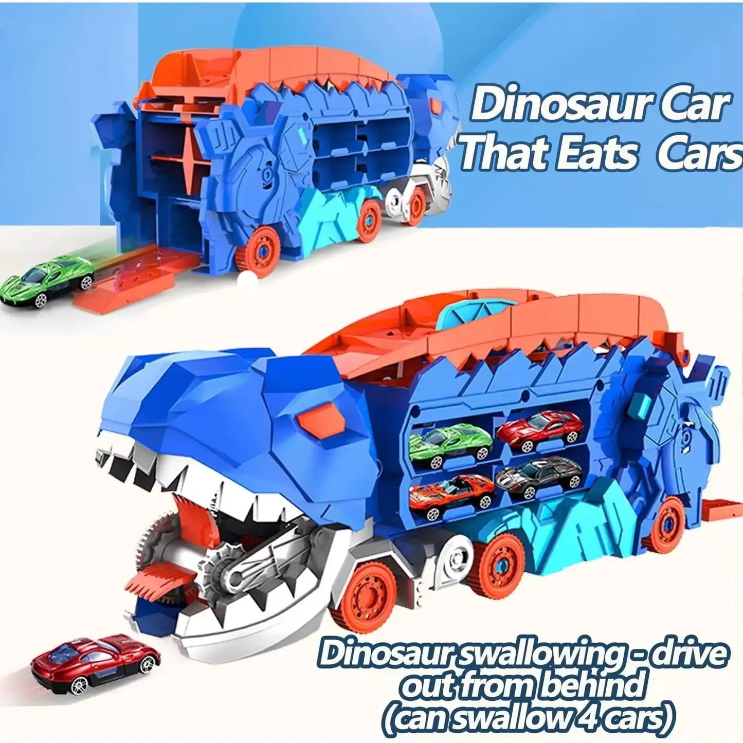 City Dinosaur Devouring Car Ultimate Hauler Track Toy Ultimate Transporter Hauler with 4 Alloy Car Toddler Truck Toys Boy Gifts