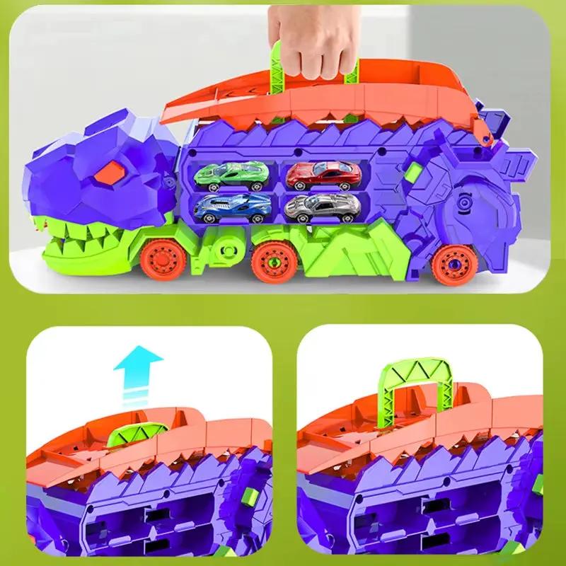 Transport Dinosaur Truck with Foldable Sliding Race Track Car Model Transforms into Standing T-Rex Gift Puzzle Toy Boy Girl