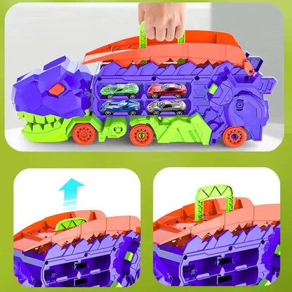 Transport Dinosaur Truck with Foldable Sliding Race Track Car Model Transforms into Standing T-Rex Gift Puzzle Toy Boy Girl