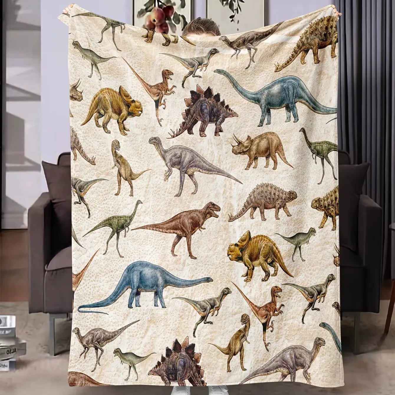 1Pc Soft and Warm Dinosaur Print Flannel Blanket for Sofa, Bed, and Office - Perfect Christmas, Halloween, and Birthday Gift
