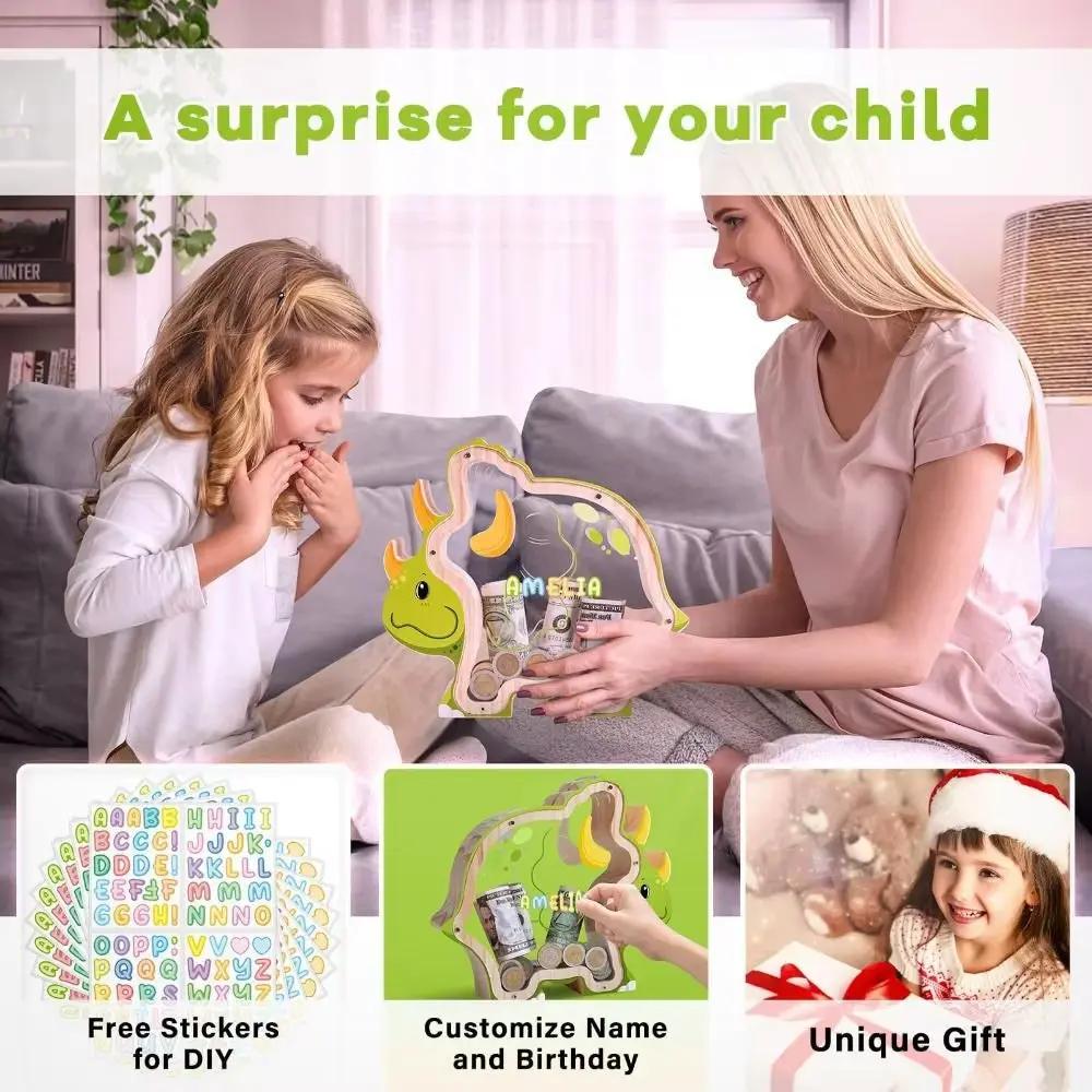 Wood Dinosaur Shape Money Box Piggy Banks Kids Coin Storage Case Children Cash Saving Transparent Home Decor