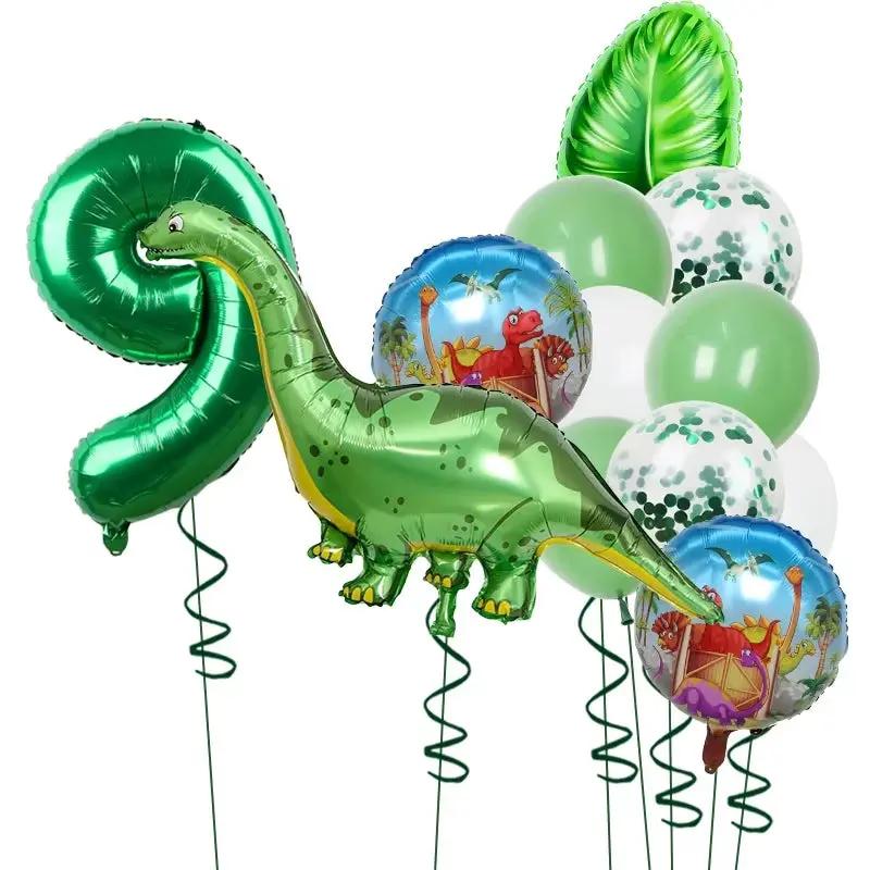 1Set Dinosaur 32Inch Number Leaf Aluminum Film Balloon Set Jurassic Dinosaur Theme Green Balloon Kids Birthday Party Supplies
