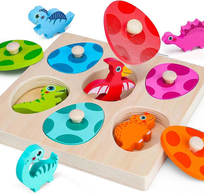 Montessori Wooden Dinosaur Puzzles Toys for Toddlers Dinosaur Match Eggs Peg Puzzles Early Learning Educational for Kids Gifts