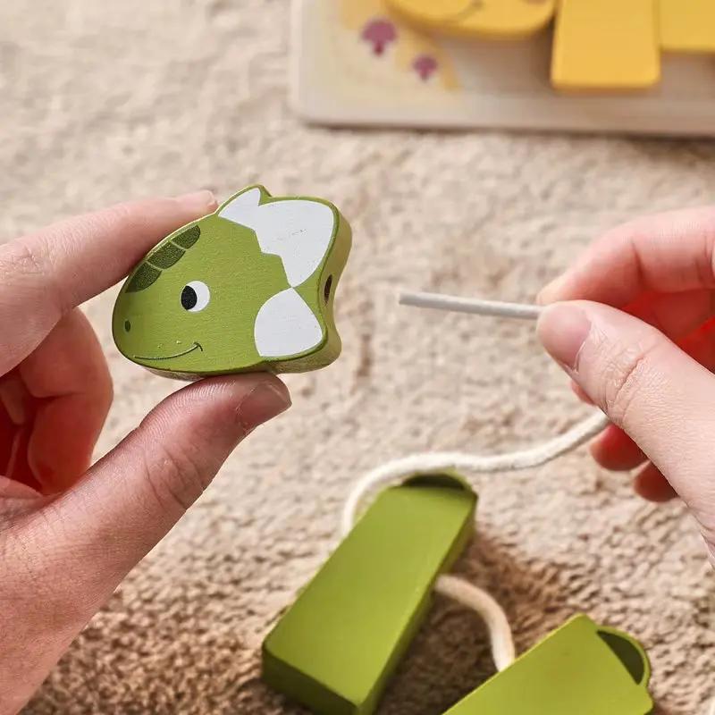 Wooden Animal Threading Toy Cartoon Dinosaur Puzzle Kid Montessori Educational Toy Baby Finger Fine Sports Toy Gift for Children