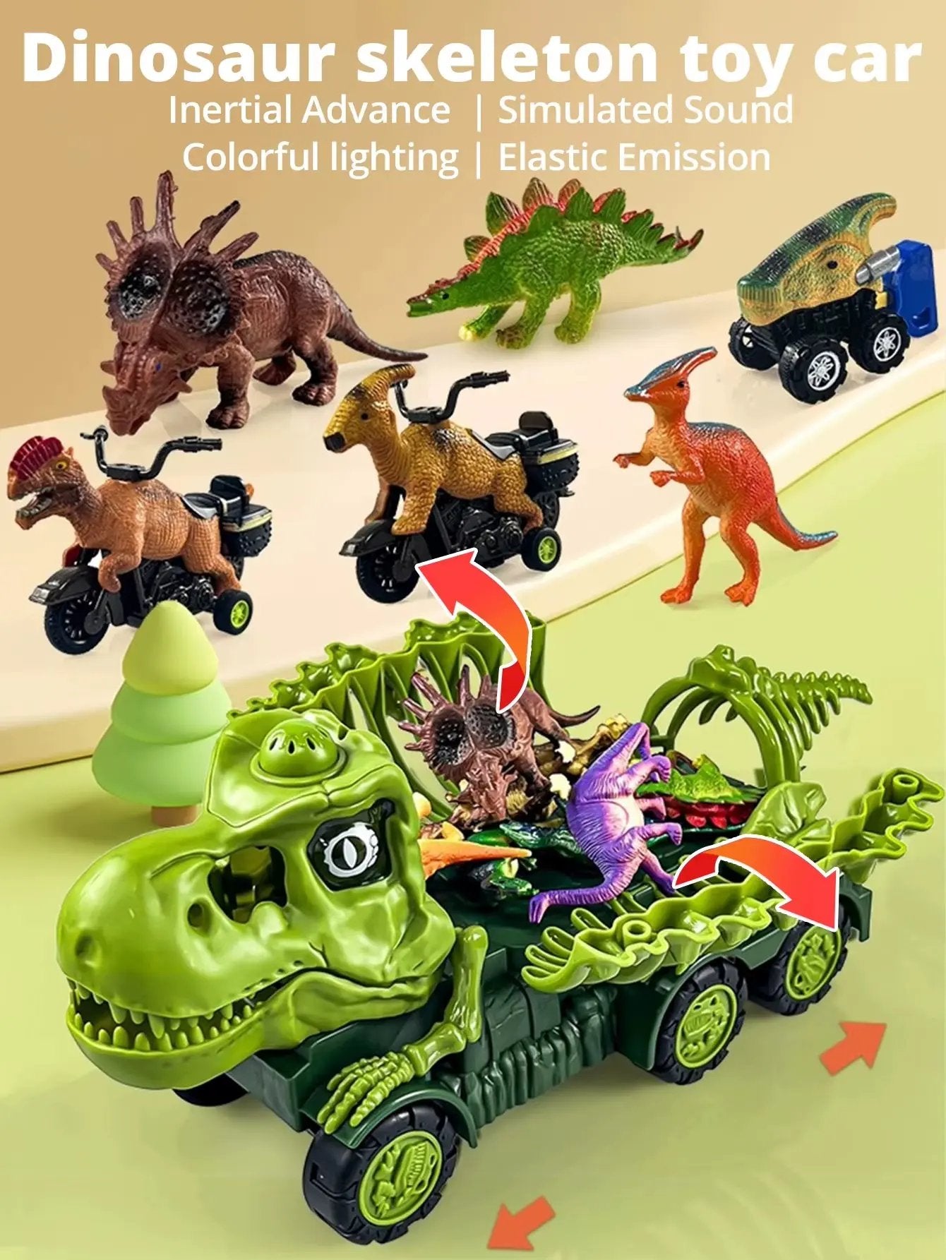 Dinosaur Skeleton Car Model (1 Large Car with 2 Small Cars (Random Style and Color) with Ejection Function, Sound, Light