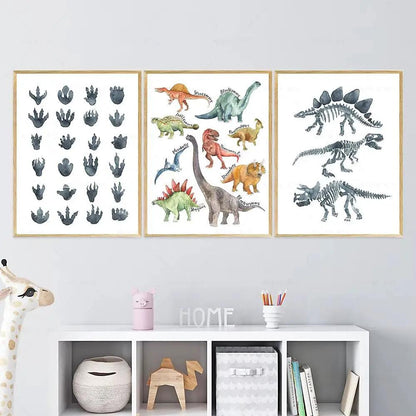 Watercolor Dinosaur Poster Dinosaur Footprints Skeleton Wall Art Canvas Painting T-Rex Print Nursery Baby Kids Boys Room Decor